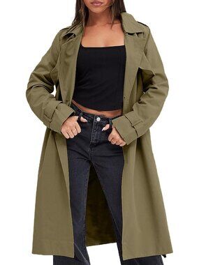 Women Army Green Notch Collar Long Sleeve Pocketed Double Breasted Trench Jacket
